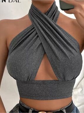 SHEIN Crisscross Halter Crop Top in Charcoal Gray